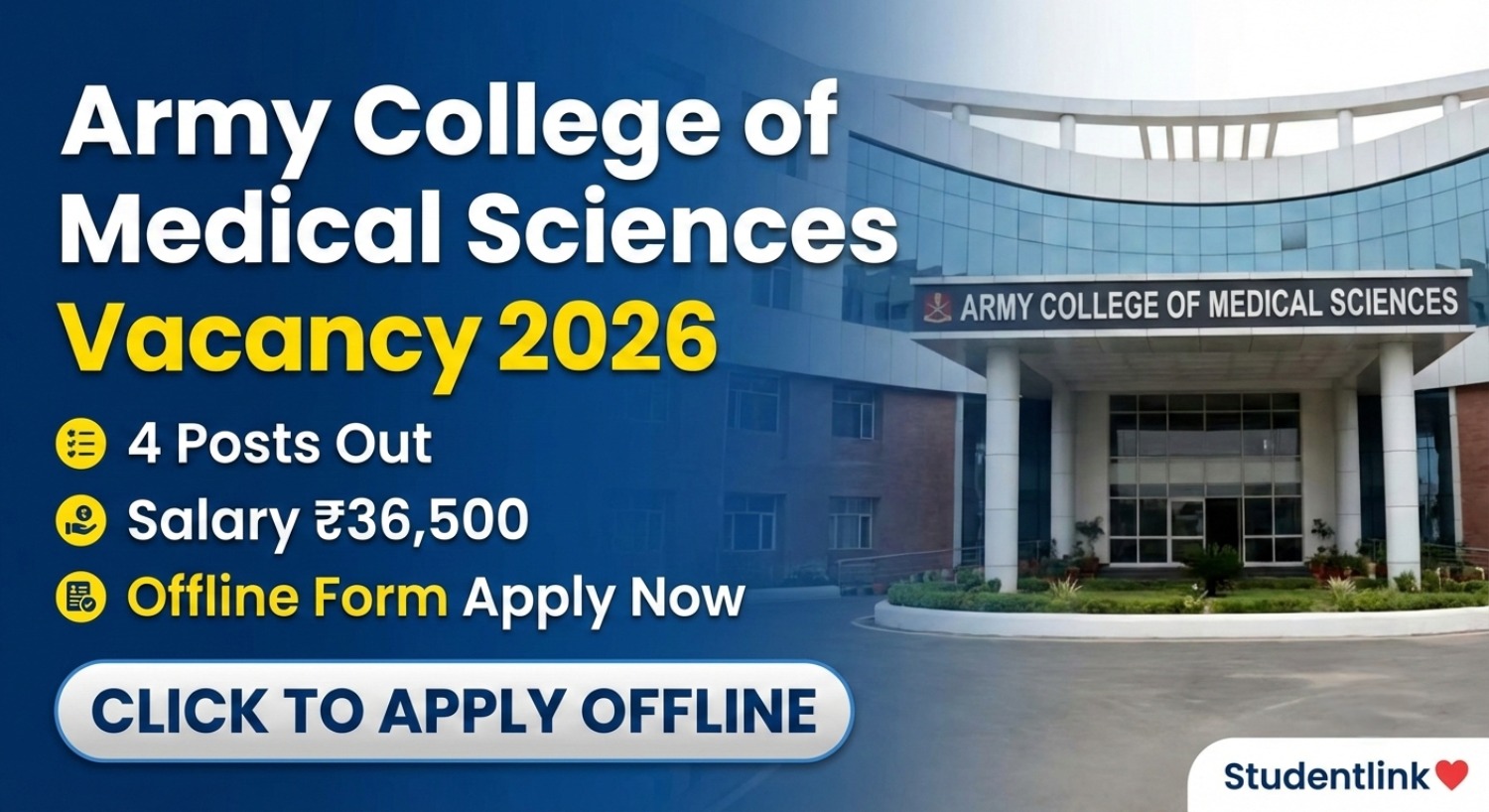 Army College of Medical Sciences Vacancy 2026 Offline Form Apply Notification ACMS Delhi Cantt
